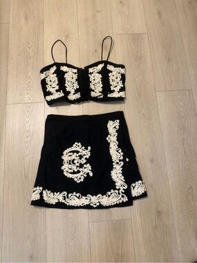 These Three brand Black and cream embroidered skirt and crop top set